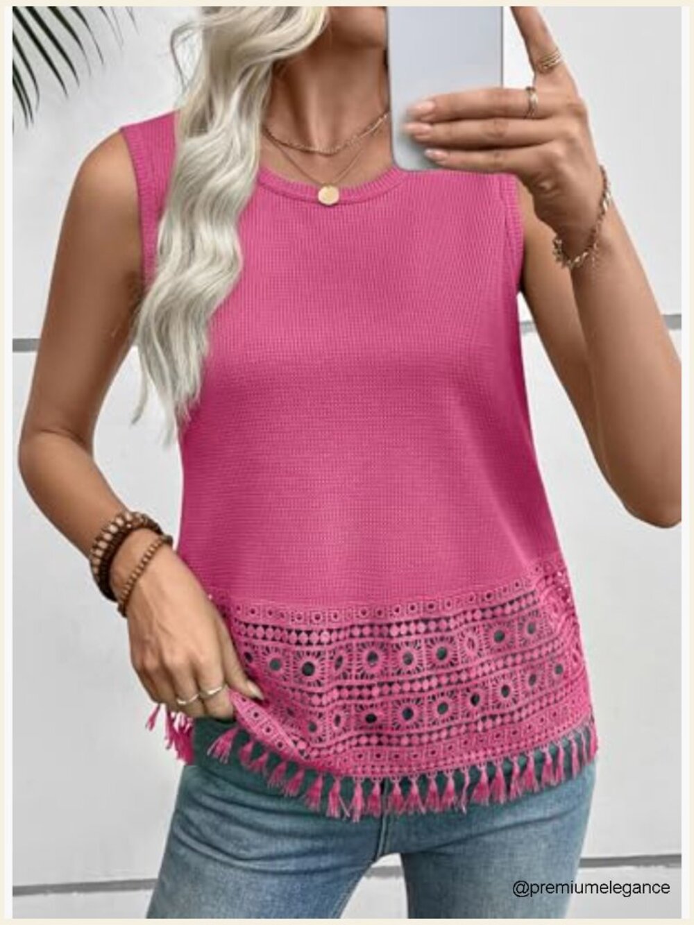 Waffle Knit Lace Crochet Boho Tank Top Sleeveless Crewneck Casual Vacation - Picture 5 of 6